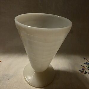 Hazel-Atlas Moderntone Platonite white conical footed juice glass. 